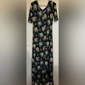 paper doll Black Floral Maxi Dress with Green and Yellow Accents